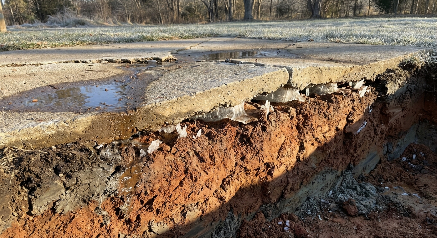 Frost heave damage exposing clay soil beneath a cracked concrete slab in Northeast Indiana