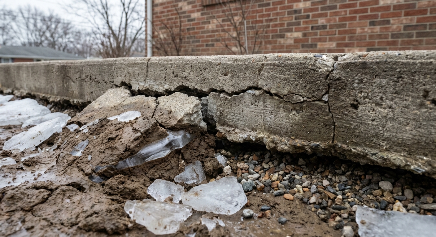 Cracked concrete walkway foundation with ice buildup from freeze-thaw cycling in Fort Wayne