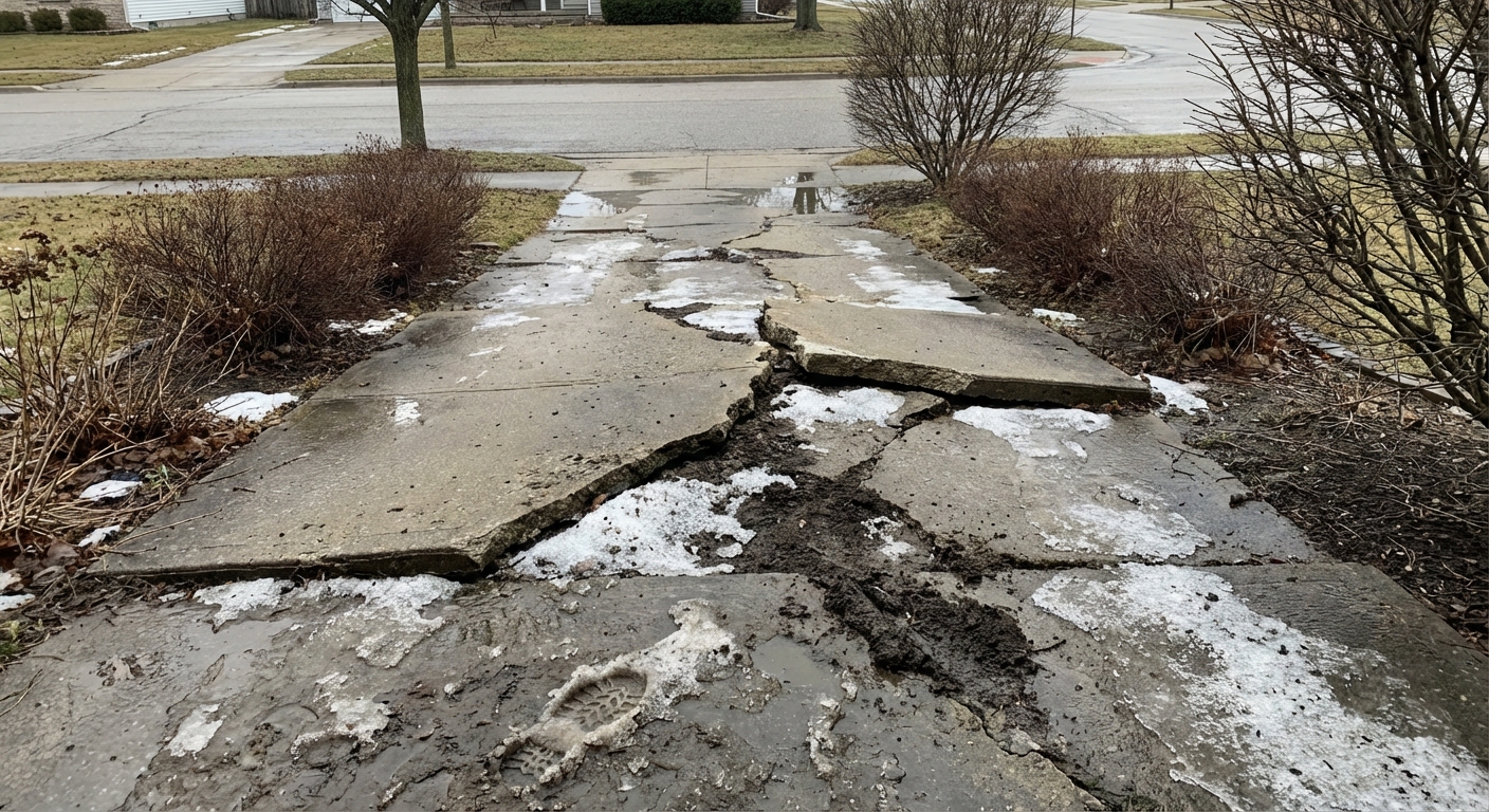 Severely cracked residential walkway caused by Indiana freeze-thaw damage in winter
