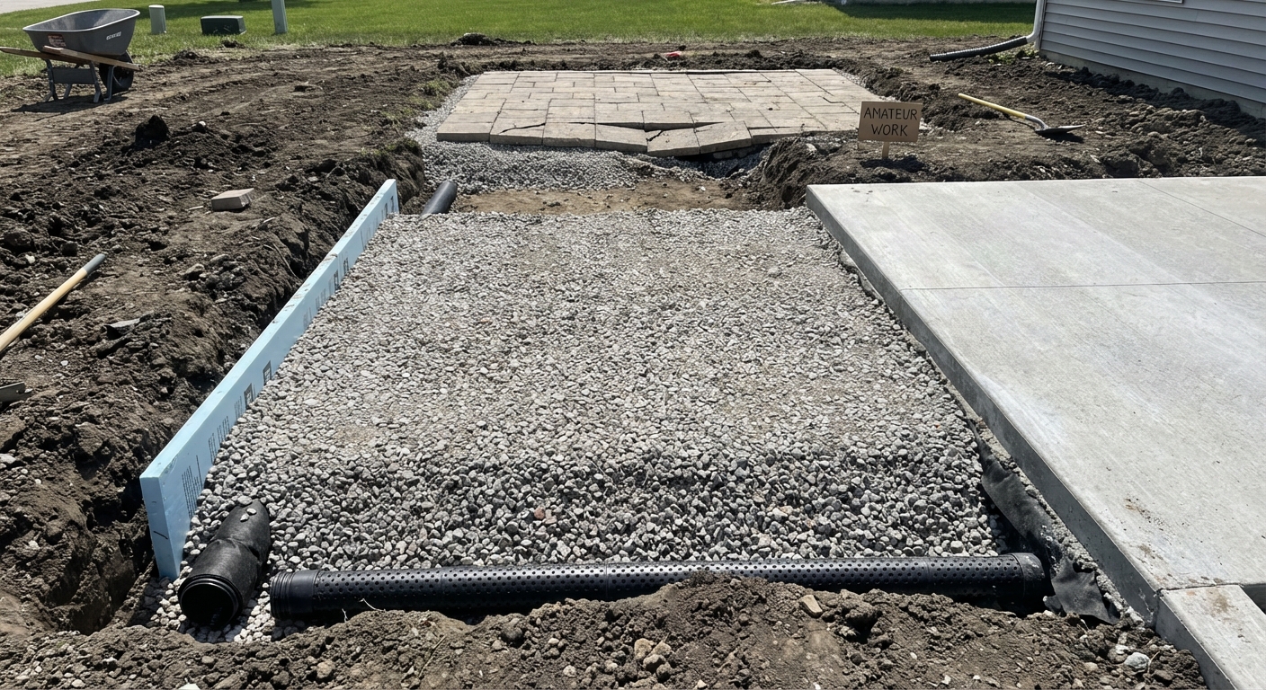 Proper compacted gravel base installation for a new Fort Wayne patio to prevent frost heave