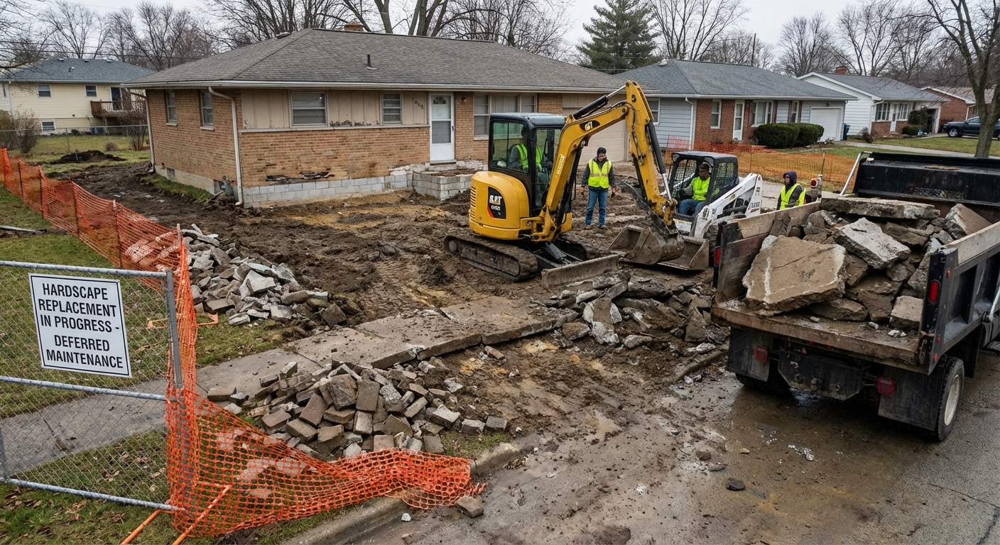 Spring hardscape demolition and replacement of freeze-thaw damaged concrete in Fort Wayne