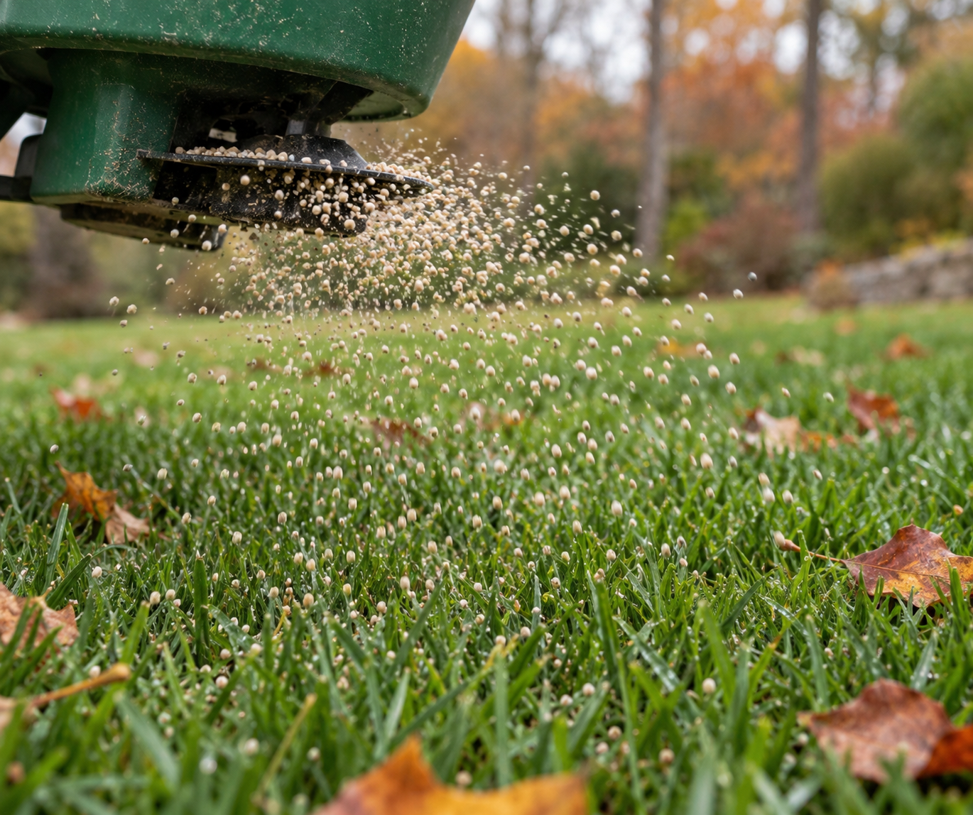 Granular fertilizer being spread from a broadcast spreader hopper onto a healthy green lawn in northeast Indiana.