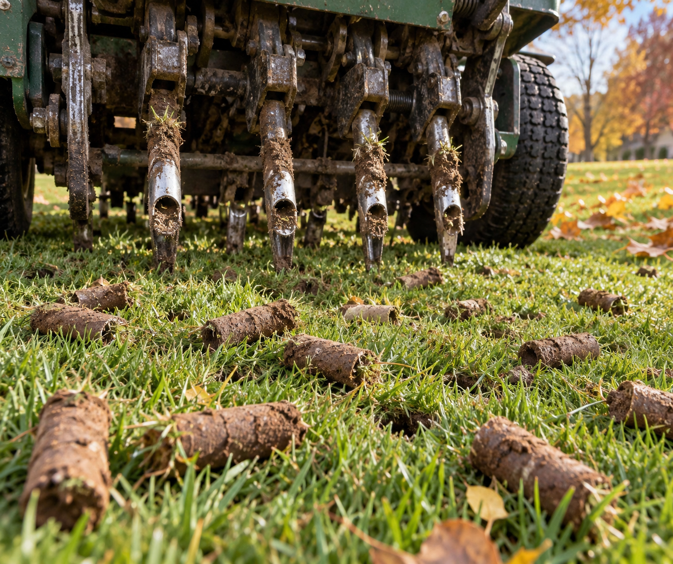 Core aeration plugs pulled from clay-heavy northeast Indiana soil scattered across a green lawn.
