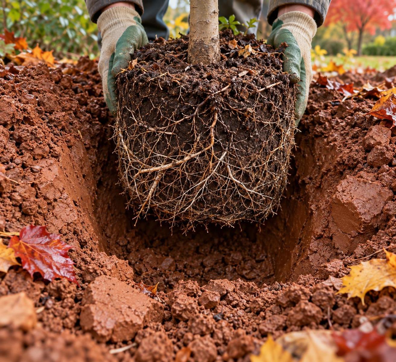 A young tree root ball being lowered into a planting hole in clay-heavy soil with fall leaves scattered nearby.