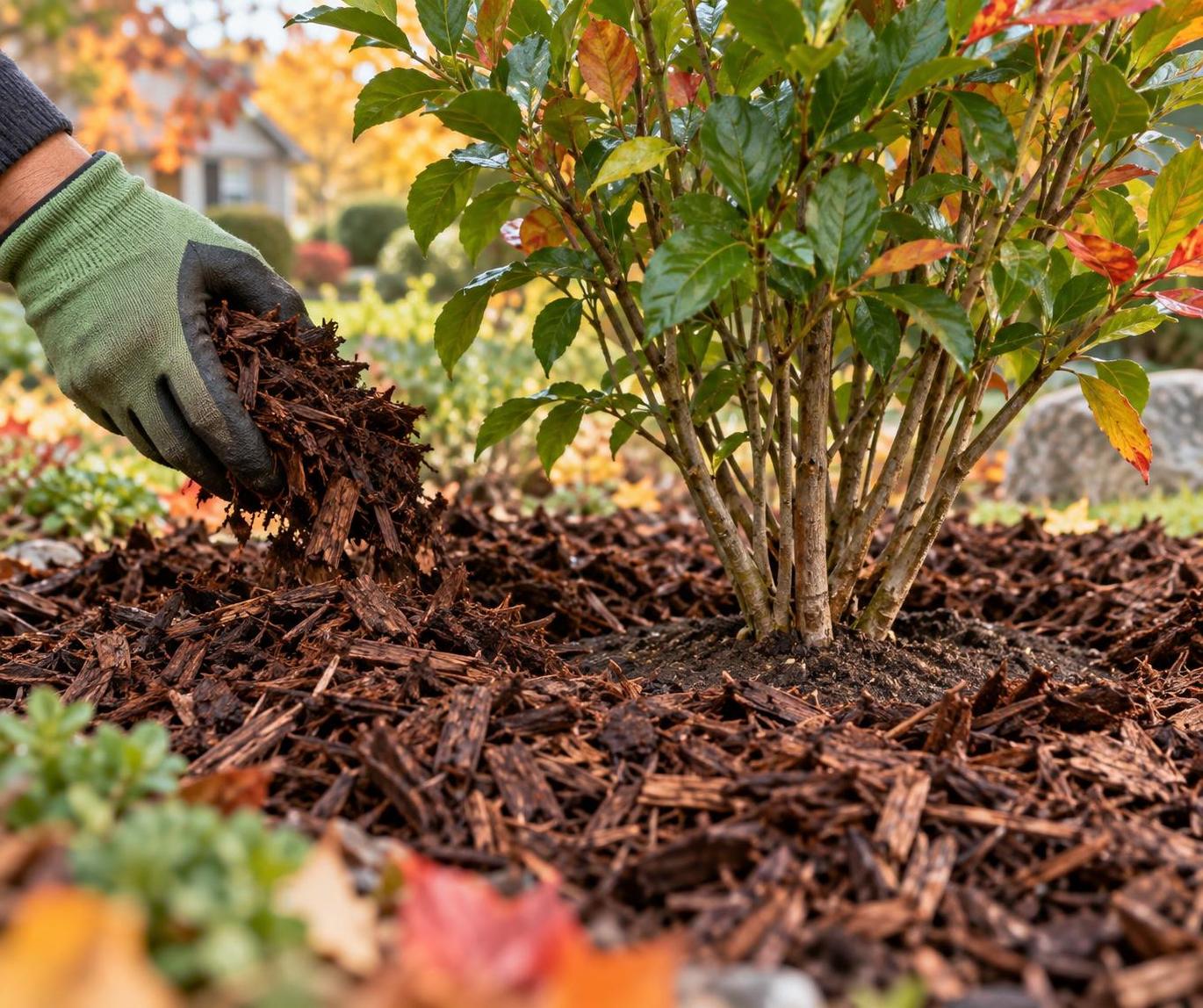 Mulch being spread around the base of a newly planted shrub in a residential fall landscape.