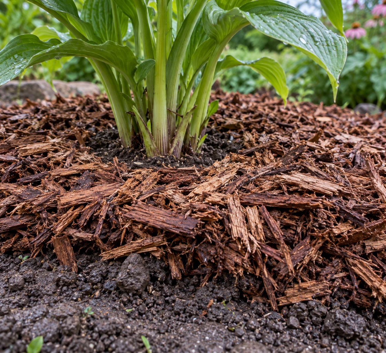 Shredded hardwood mulch spread around the base of a perennial in a northeast Indiana garden bed.