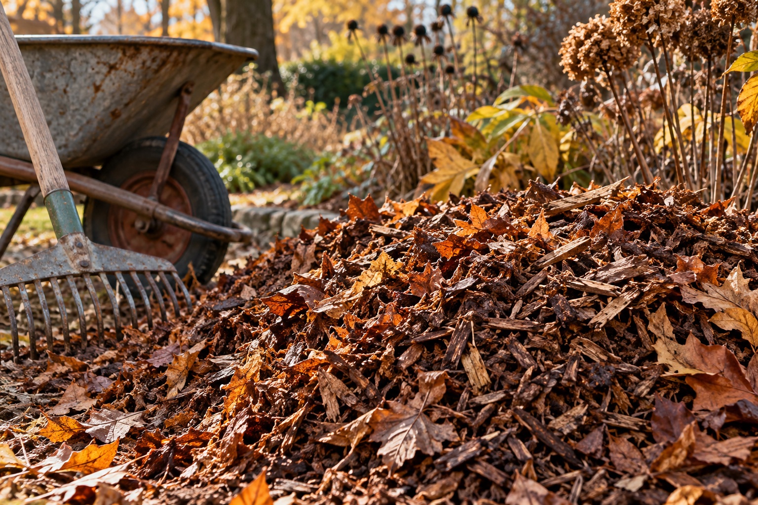 Shredded leaves and hardwood mulch piled beside a wheelbarrow and rake at the edge of a fall perennial garden.