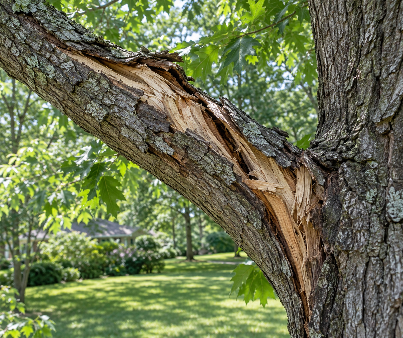 A cracked and split hardwood tree branch with peeling bark in a Northeast Indiana yard.