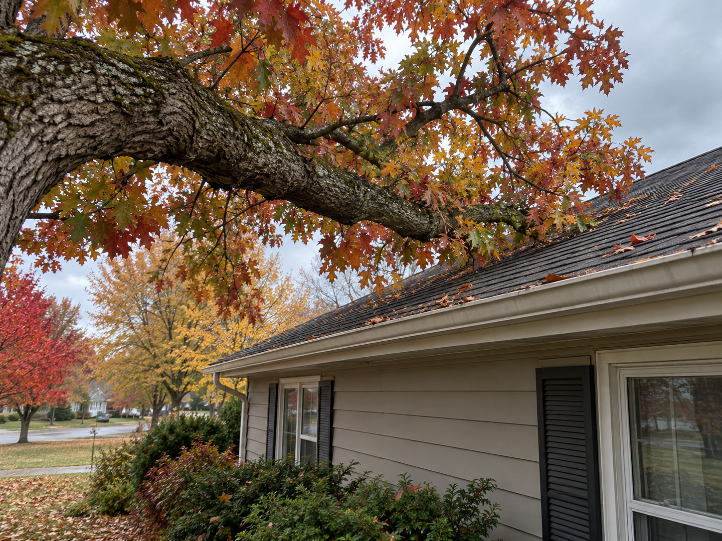 A large tree branch extending over the roofline of a Northeast Indiana ranch-style home in fall.