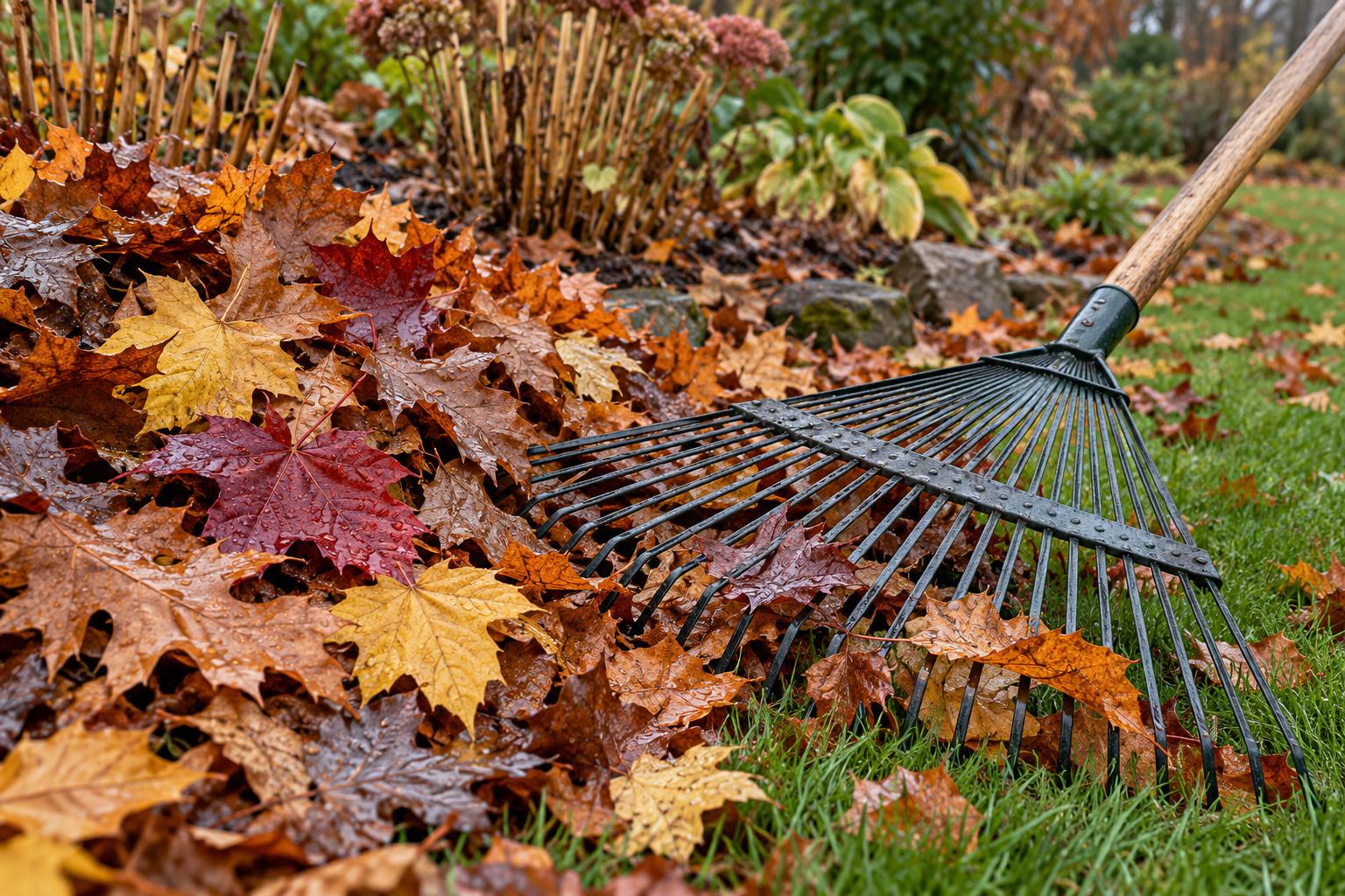 Leaf rake and a pile of fallen oak and maple leaves at the edge of a lawn beside a perennial bed in Northeast Indiana.