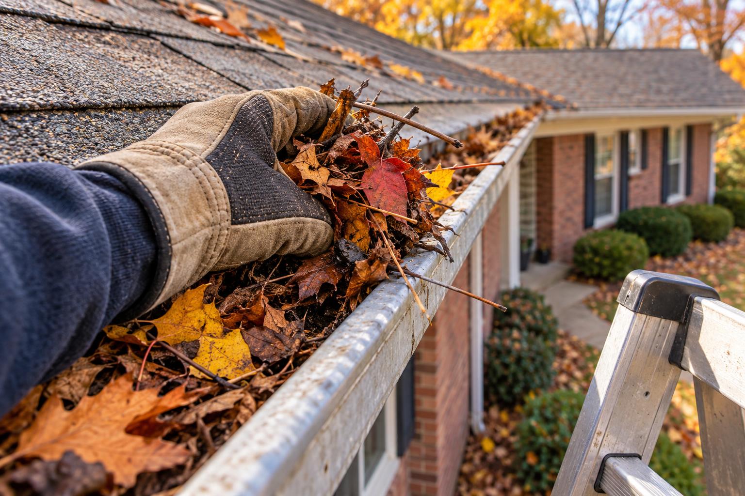 Gloved hand clearing autumn leaves and debris from a gutter on a brick ranch-style home.
