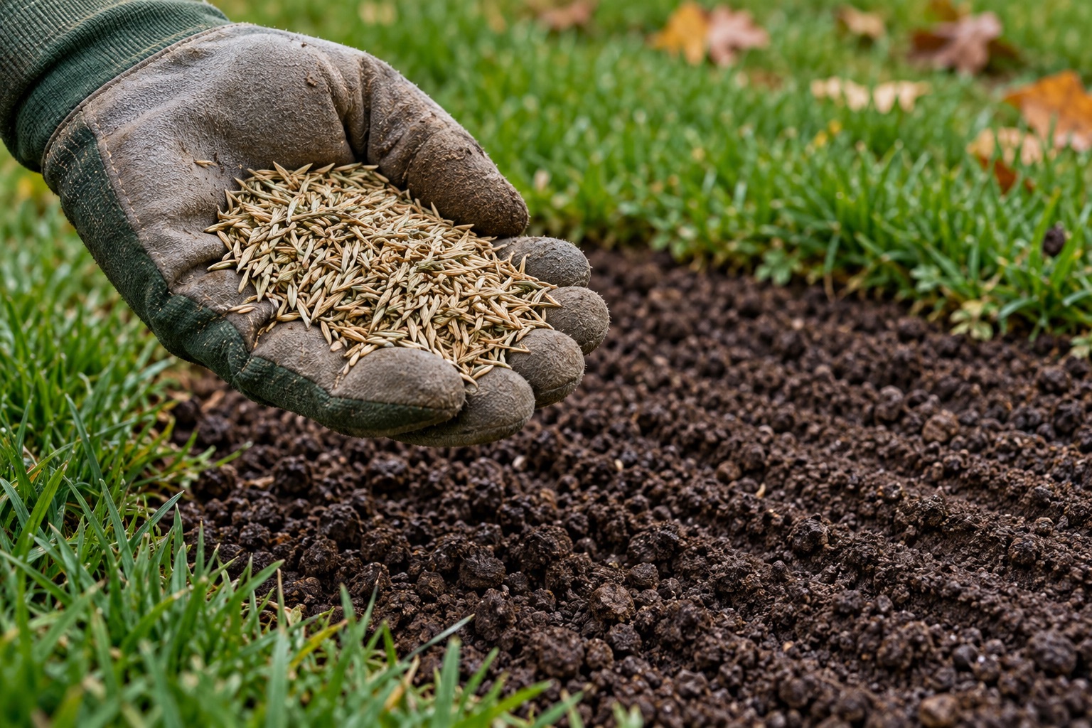 A gloved hand holding grass seed over loosened clay soil on a Northeast Indiana lawn.