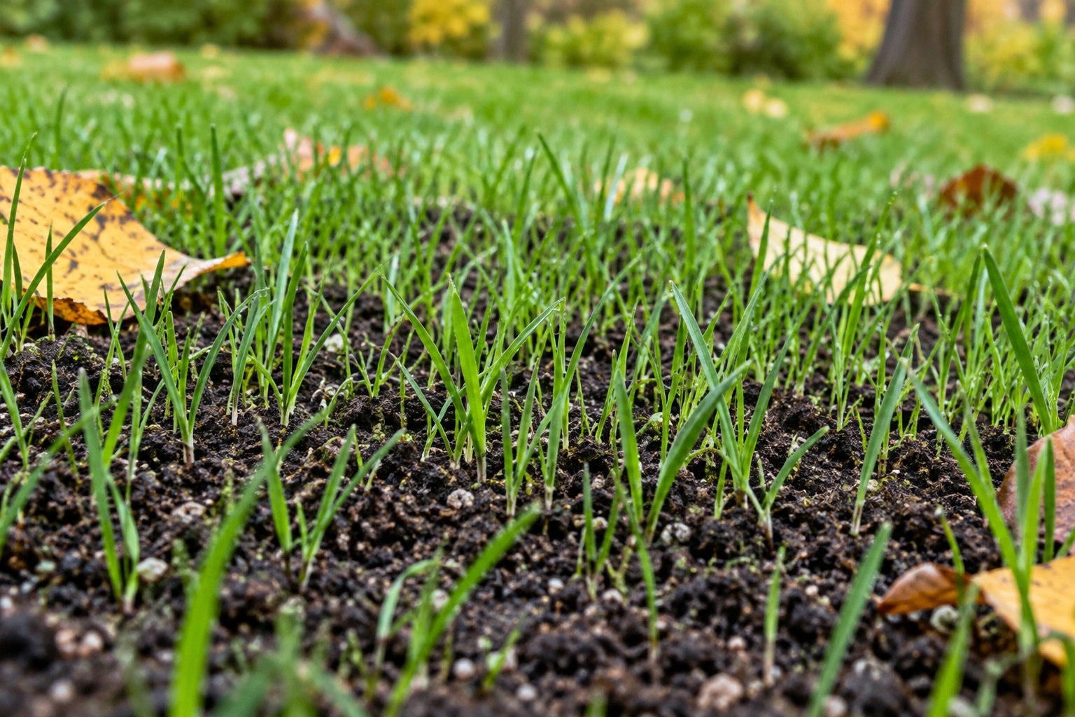 Young grass seedlings sprouting on a lawn in early fall with a few fallen leaves nearby.