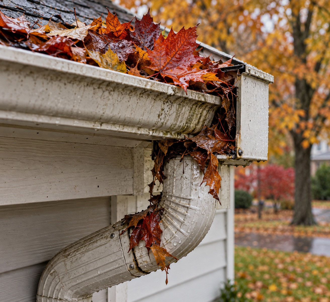 Gutter opening filled with wet fall leaves beside a downspout on a Northeast Indiana home.