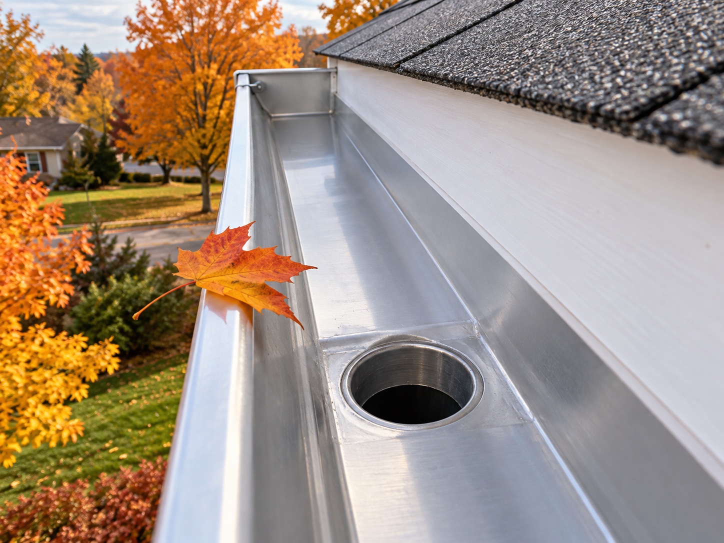 A clear aluminum gutter and downspout opening on a home exterior in autumn.